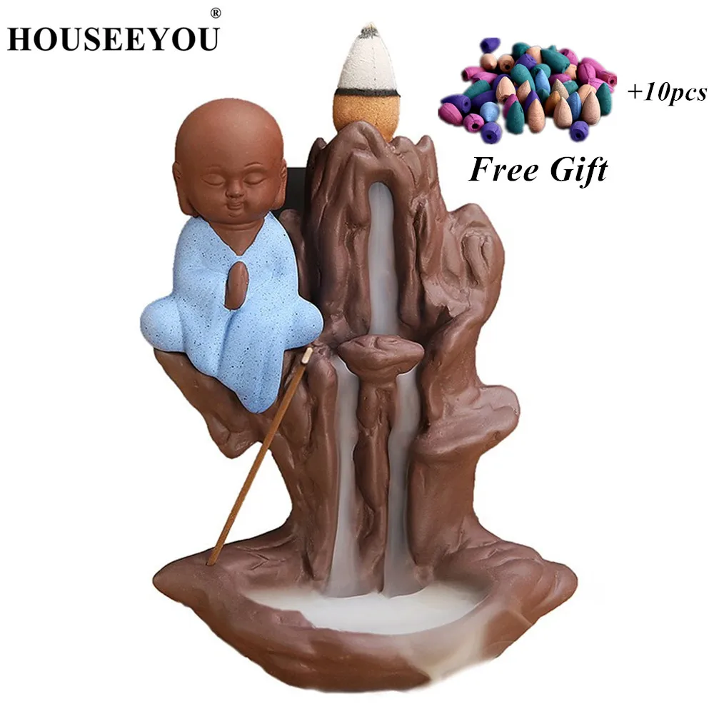 

HOUSEEYOU Mountain Waterfall Incense Burner Little Monk Buddha Backflow Incense Stick Burner Smoke Ceramic Censer+ 10PCS Cones