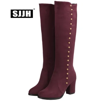 

SJJH Women Nubuck Long Boots with Round Toe Chunky Heels Zip Short Plush Knee-High Boots Winter Fashion Shoes Large Size Q572