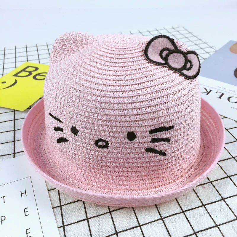 Lovely Cat Ears Cute Kids Summer Straw Hats Beach Headwear Bowknot ...