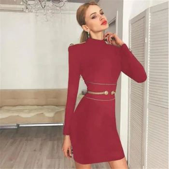 

Popular Epaulette Womens Solid Button Wasit OL Dresses Casual Streetwear Prom Bodycon Dresses Turtleneck Long Sleeve Mini Dress