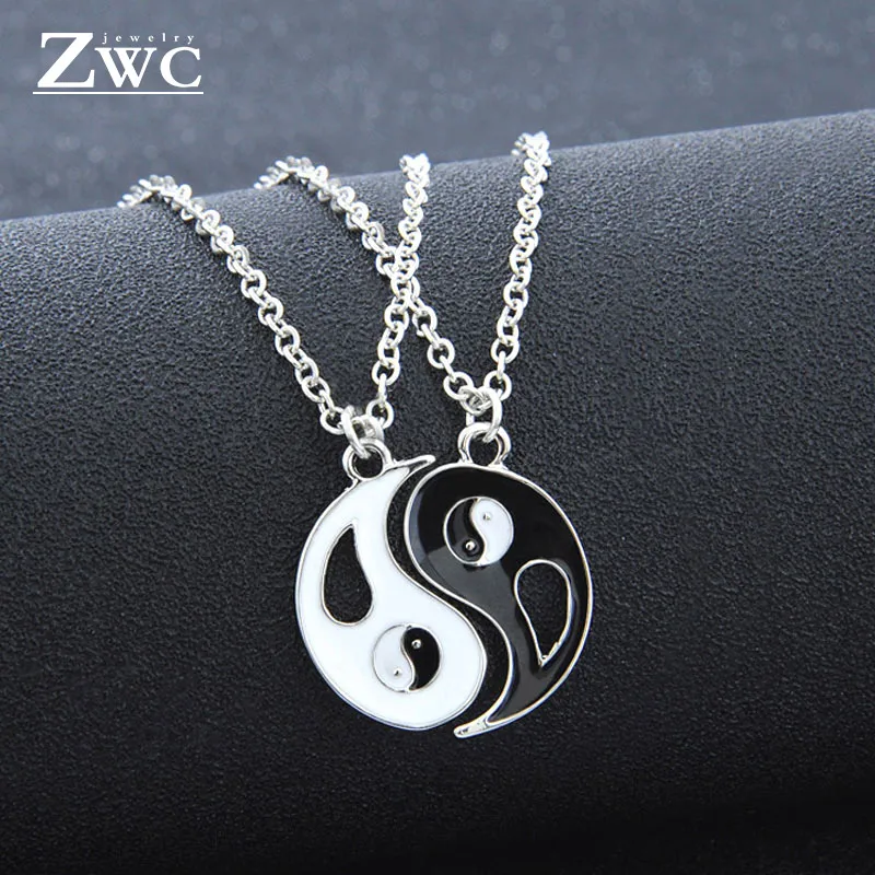 

ZWC 2 Pcs Best Friends Black White Tai Chi Yin Yang Hollow Pendant Necklace Couple Sister Friend Jewelry Gift Wholesale