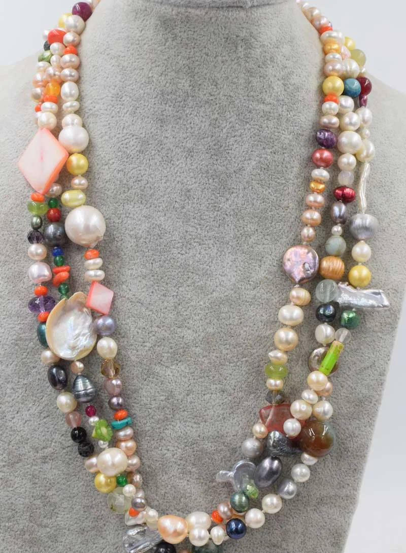 

wow!3rows freshwater pearl baroque necklace 20" nature FPPJ wholesale beads 8-10mm