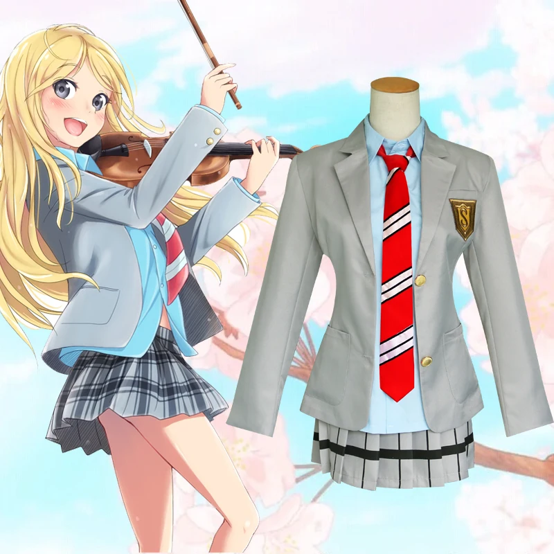 Goedkoop Uw Liggen in April Miyazono Kaori Arima Kousei Cosplay Kostuum Japanse Anime School Uniformen Halloween Pak (Jas + Rok + Tie + s