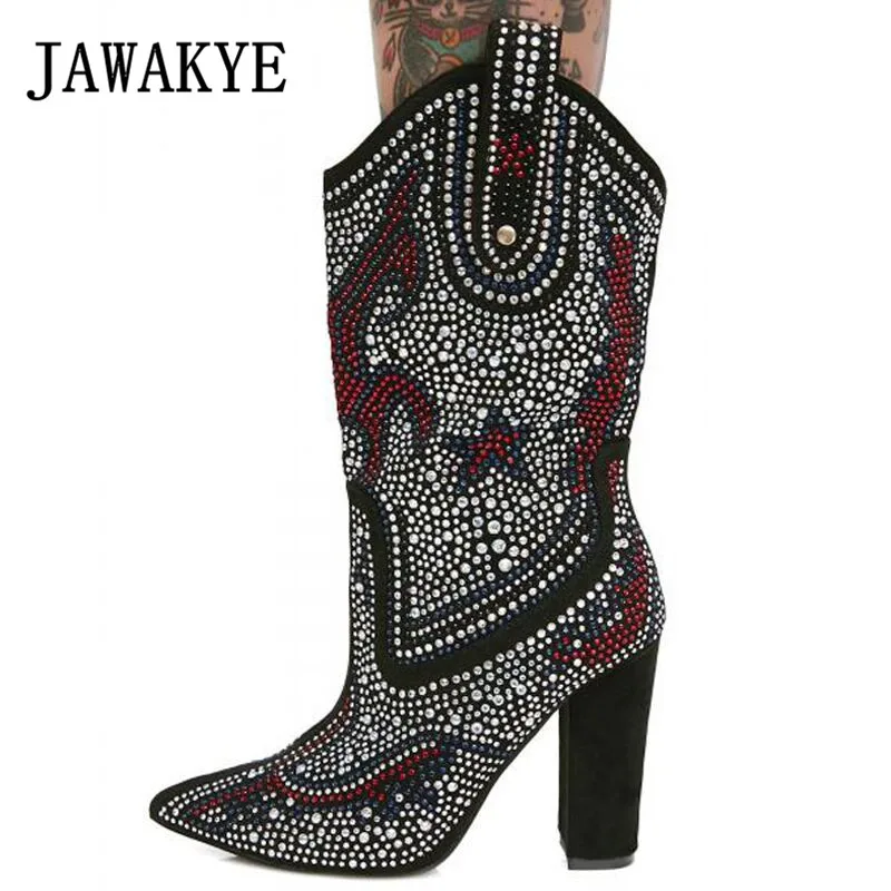 

2019 Crystal Studded Mid Calf Women Boots Genuine leather Chunky High Heels Winter shoes casual black Bling boots for women