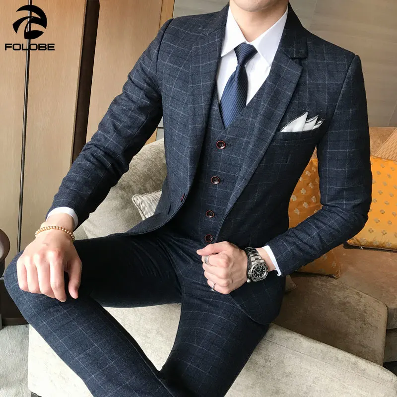 FOLOBE Mens 3-Piece Plaid Suit Single Breasted Formal Wedding Blazer 2018 Grey