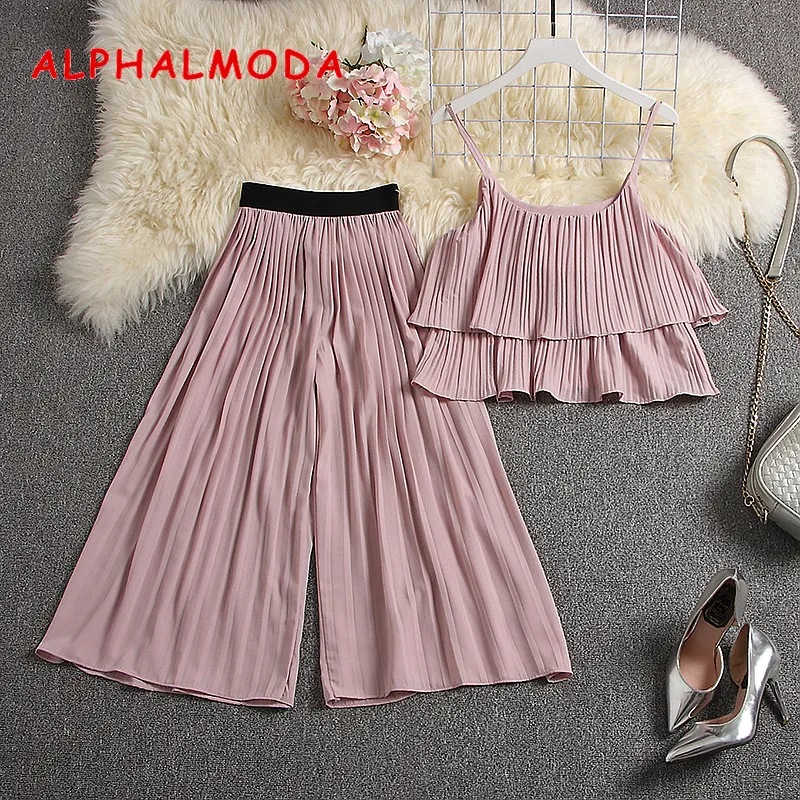 

ALPHALMODA 2019 Summer Women Pleated Sling Top + Mid-calf Pants 2pcs Casual Sets Solid Ladies 2pcs Wide-leg Trousers Set
