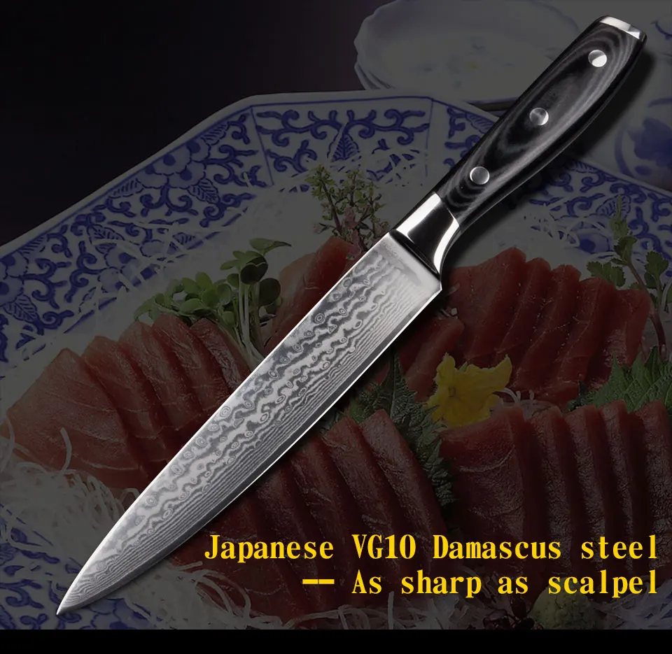 Абрикосовый нож дамасский кухонный нож VG10 лезвие 63 слоя стали дамасский нож для резки мяса с ручкой Микарта