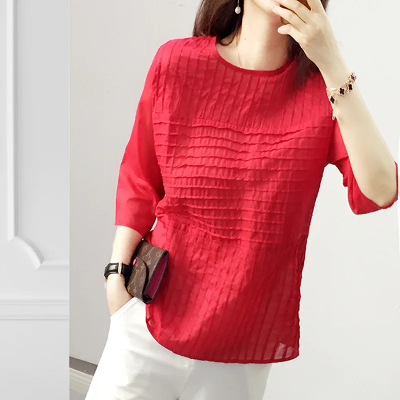 

Johnature Korean Style Women T-Shirts Fold 2019 Summer New Half Sleeve O-Neck Sweet Casual Tops Red White Brief Vintage T-Shirts