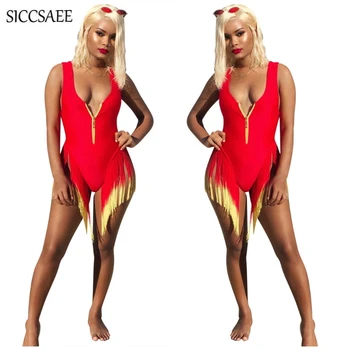 

2019 Red Summer Gradient Color Tassels Bodycon Bodysuit Zipper Front Bandage Jumpsuits Shorts Beach Style Sexy Playsuits Tank