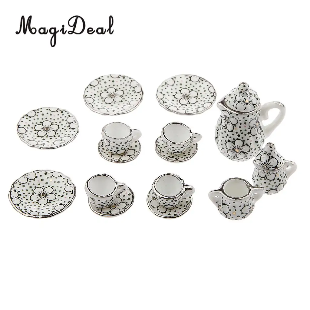 MagiDeal 17Pcs/Lot 1/12 Scale Dolls House Miniature Dining Ware Tea Set Flower Dot Pattern for Collection Kitchen Teahouse Decor