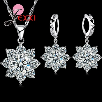 

Top Qualtiy Romantic 925 Sterling Silver Crystal Snowflake Wedding Jewelry Sets Flower Necklace Drop Earrings for Women Bride