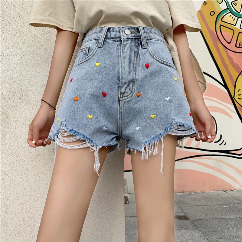 

Denim Shorts Female Summer 2019 New High Waist Cute Shorts Jean Loose Kawaii Rainbow Heart Embroidery Tassel Women Shorts