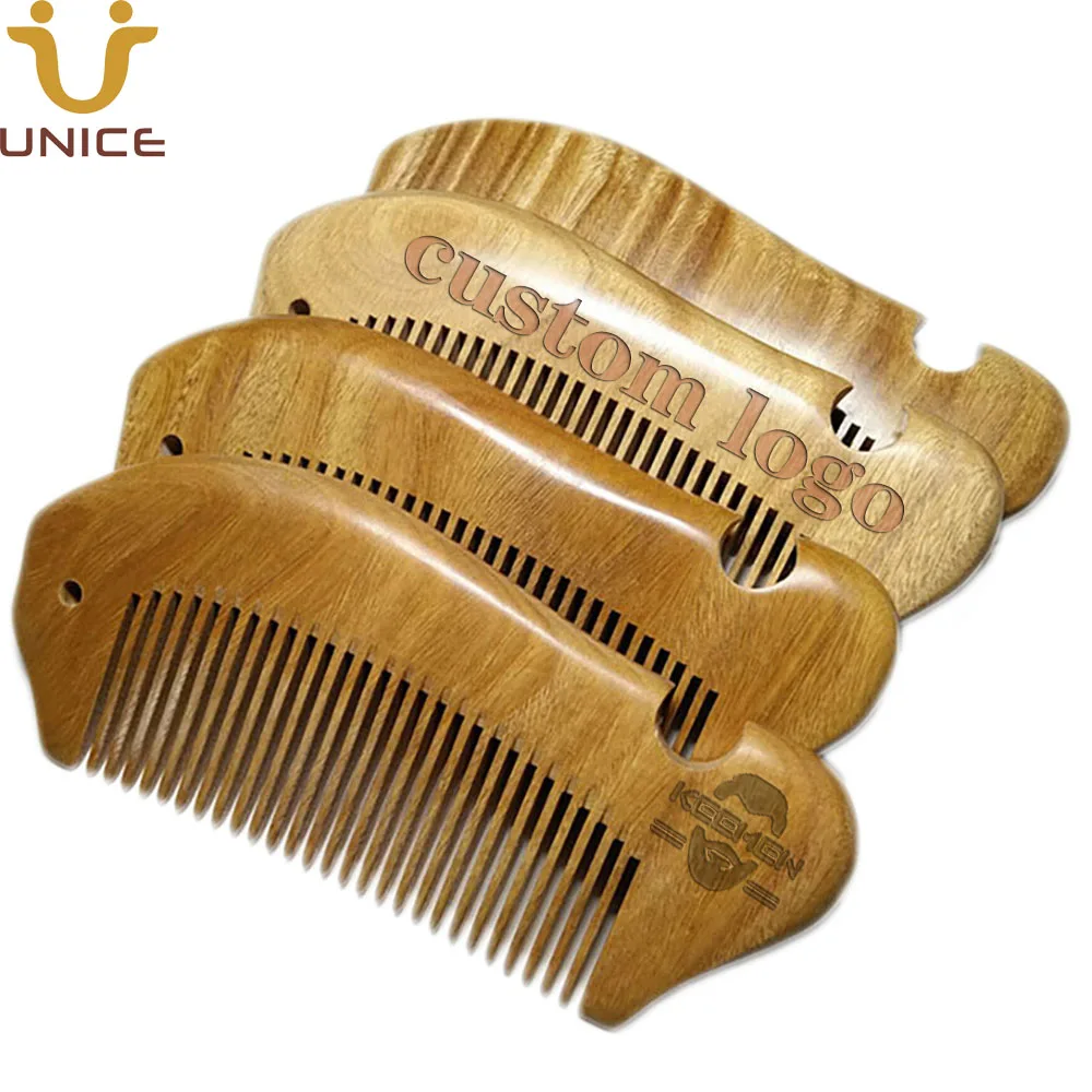 MOQ 100 PCS Customize LOGO Quality Natural Green Sandalwood Wood Fish Shaped Hair Beard Comb Men Women
