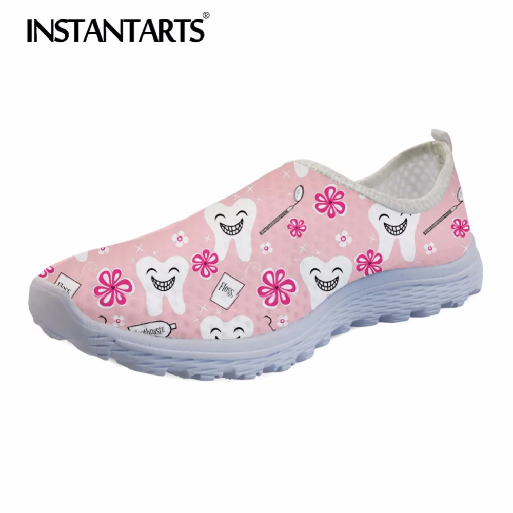 

INSTANTARTS Women Summer Slip On Running Shoes Funny Cartoon Smile Teeth/Dental Print Mesh Sports Shoes Breathable Light Sneaker