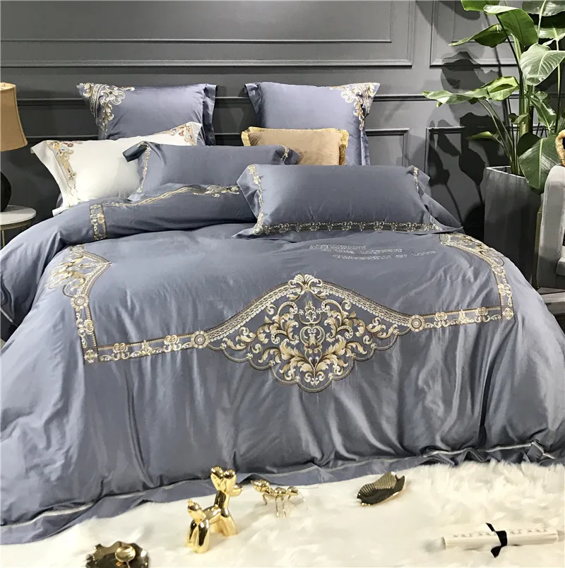 

Gray Blue White Purple Luxury Gold Embroidery 80S Egyptian Cotton European Palace Bedding Set Duvet Cover Bed sheet Pillowcase