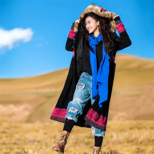Best price at $282 Cheap BOHOCHIC Original Vintage Thicken Hooded Black Coat Bohemian Ethnic Embroidery Women Parkas Fur Winter 2016 SL0124D Boho Chic