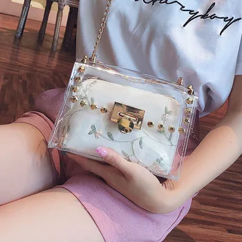 

ETAILL Summer Clear Transparent Rivets Composite Bag with Small Embroidered Candy PVC Bag Golden Chain Shoulder Crossbody Bags