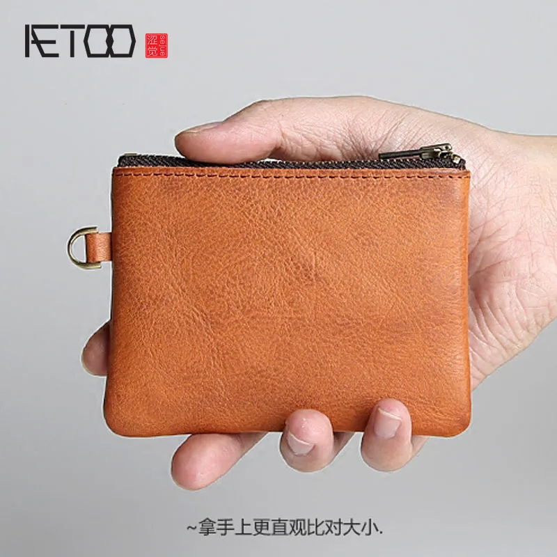 

AETOO Men's short wallet retro to do the old leather wallet female cowhide wallet mini zipper small wallet engraved letter
