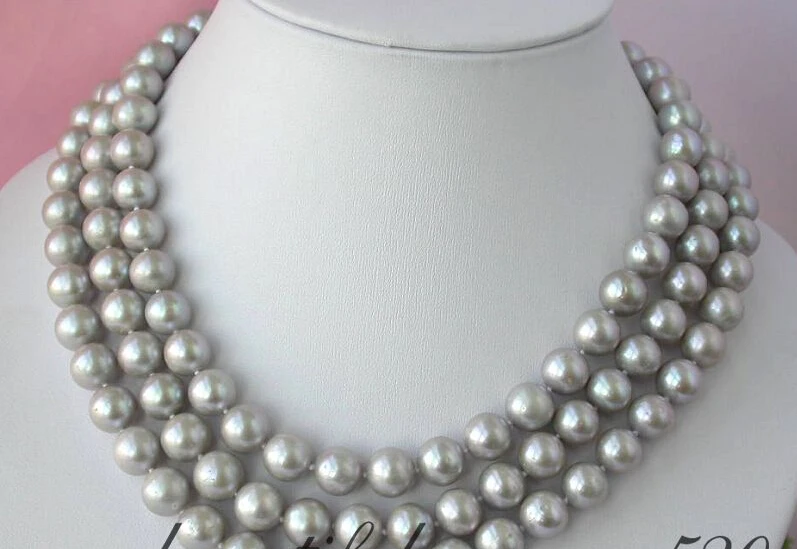 

FREE shipping>>>>2363 3row 11mm round gray freshwater pearl necklace silver mabe 6.07