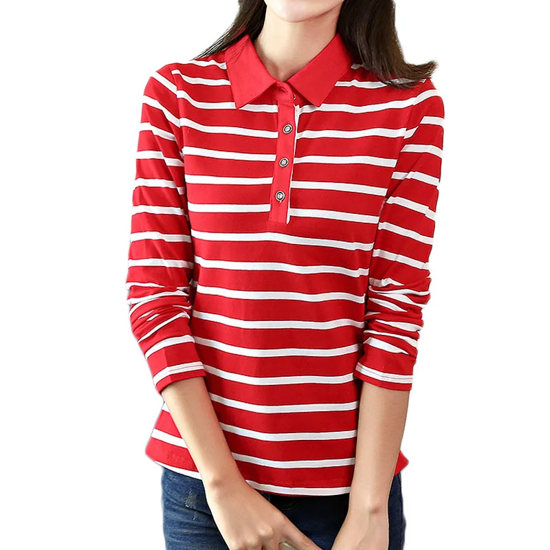 2017 Spring Autumn Casual Striped Polo Shirt For Women Long Sleeve Slim