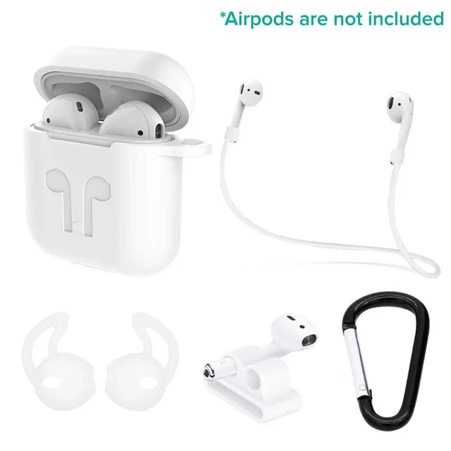 Suntaiho силиконовый защитный чехол AirPods 5 в 1 Аксессуары для AirPods набор с зажимом держатель+ брелок+ ремень+ наушники крючки для ушей - Цвет: White