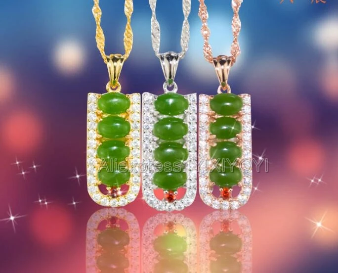 

925 Silve Gold Natural Green HeTian Jade Jasper Inlay Bean Beads Design Lucky Pendant + Free Necklace Woman's Gift Jewelry