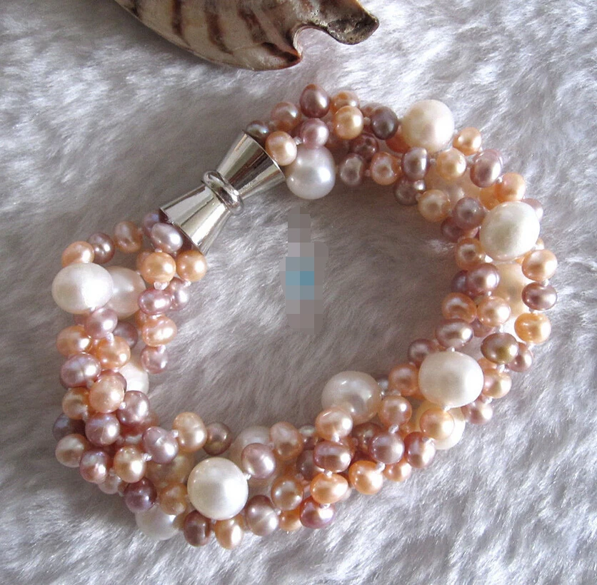 

free shipping 09605 Multi Color 4Row Freshwater Pearl Bracelet Magnetic Clasp