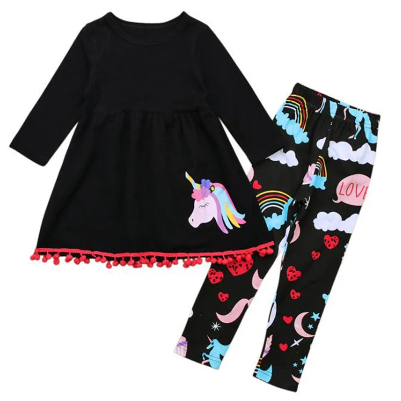 

Baby Girls Cartoon Unicorn Blouse T Shirt Dress Legging Pants Scarf Clothing Sets Children Kids Tracksuit Clothes Outfit Sets