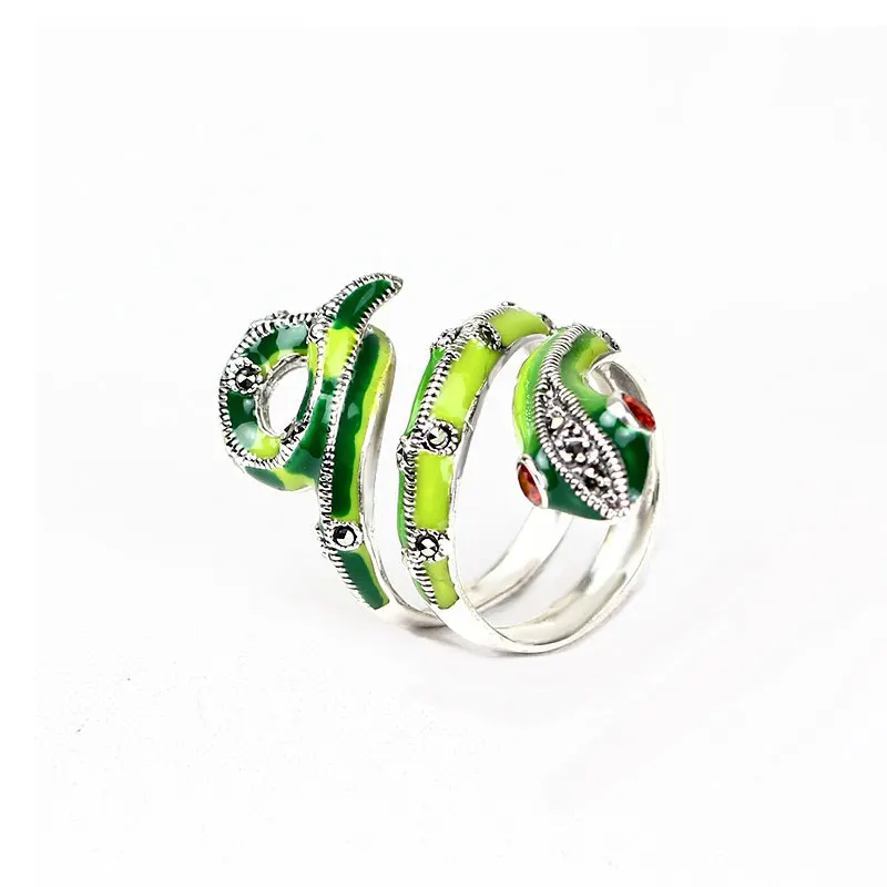 

RADHORSE 925 Silver Rings for Unisex Fine Jewelry Thai silver Red Zircon ring Green snake Modeling Adjustable Ring