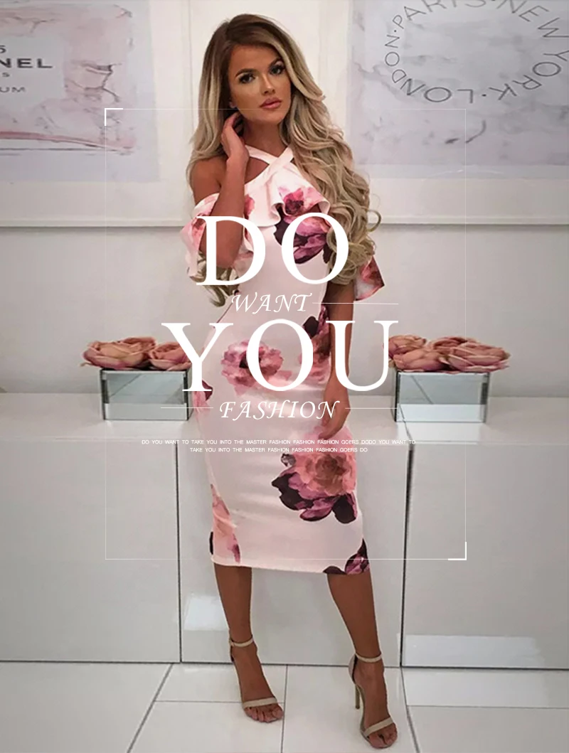 Off Shoulder Flower Sexy Dress Summer Print Short Sleeve Ruffle Halter Sundress Vestido Backless Bodycon Dresses Women Knee 2018