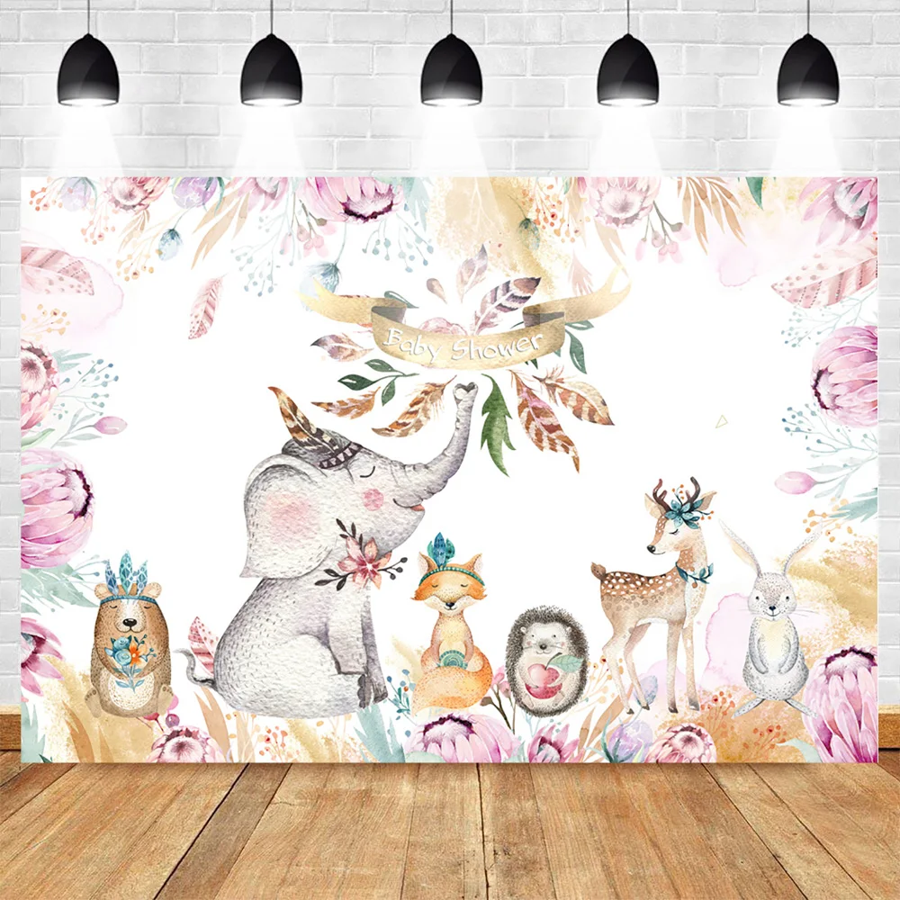 

Mehofoto Elephant Theme Baby Shower Photography Backdrops Animal Forest Pink Floral Background Party Banner Photo Booth Backdrop