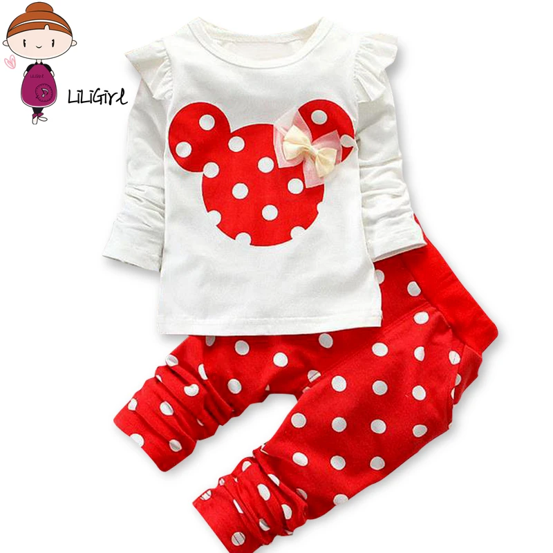 LILIGIRL Baby Girls Sport Clothes Sets for Toddler Cotton Print Mickey T-Shirt+Polka Dot Pants Suit Kids Tops Trousers Cloting