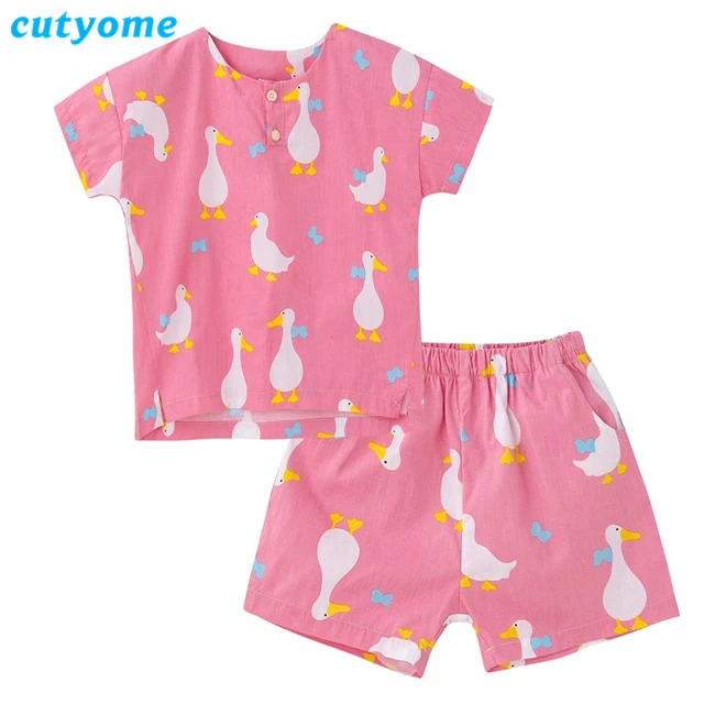 Cutyome Summer Kids Pajamas Set Short Sleeve Cartoon Duck 100 Cotton