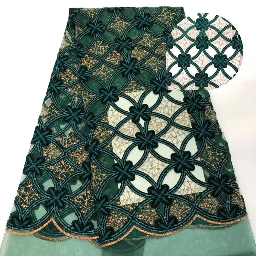 

French lace fabric 5yds/pce green sequins velvet gold thread mesh fabrics women gorgeous luxury party event asoebi dress 2019