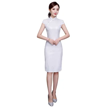 

Shanghai Story Short Sleeve Lace Cheongsam Knee Length Qipao chinese dress Oriental Style Dress for woman 2 Color