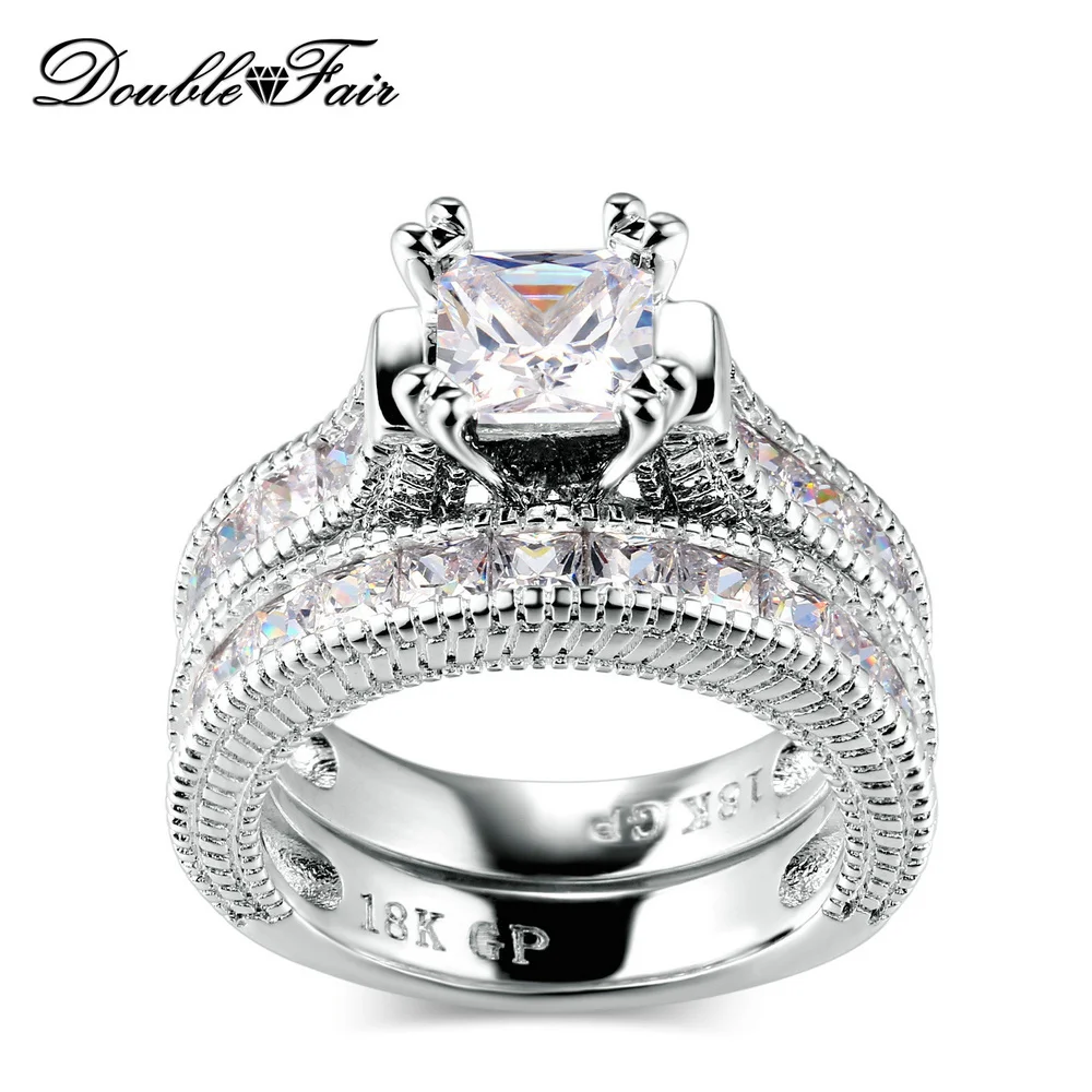 Double Fair Unique Square Cut Cubic Zirconia Rings Sets Silver Color Fashion Engagement/Wedding Jewelry Gift For Women RX29YG