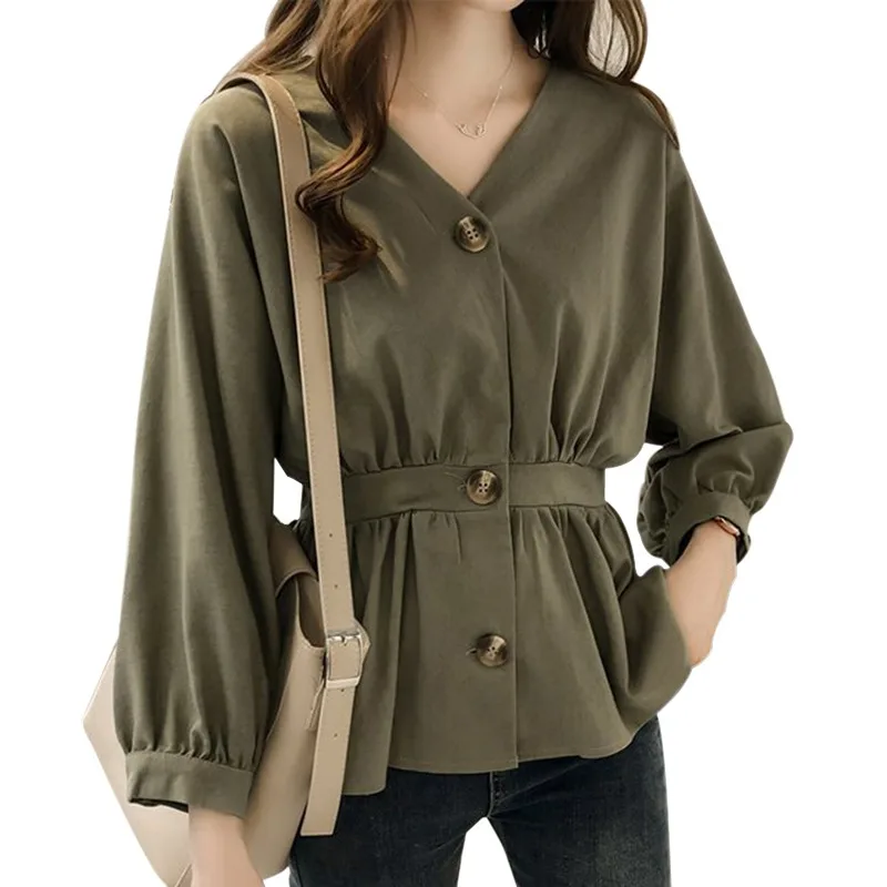 

2019 Autumn Blouses Women Sexy V Neck Woman Shirt Elegant Slim Button Tops Black