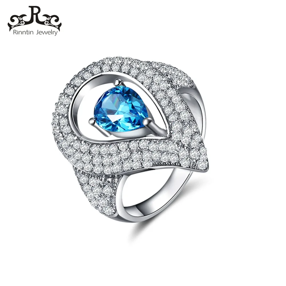 

ORSA JEWELS Women Silver Color Rings with 0.7ct Austrian Cubic Zirconia Unique Water Drop Blue Stone Rings Jewelry DOR152