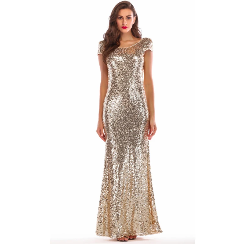 Backless Draped Gold Sequin Short Sleeve Maxi Dress Summer Women O Neck Mermaid Long Dress Sexy Elegant Evening Party Dress