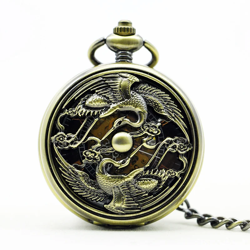 

Vintage bronze dragon and phoenix carving mechanical pocket watch Roman numeral steampunk Fob Pendant Chains