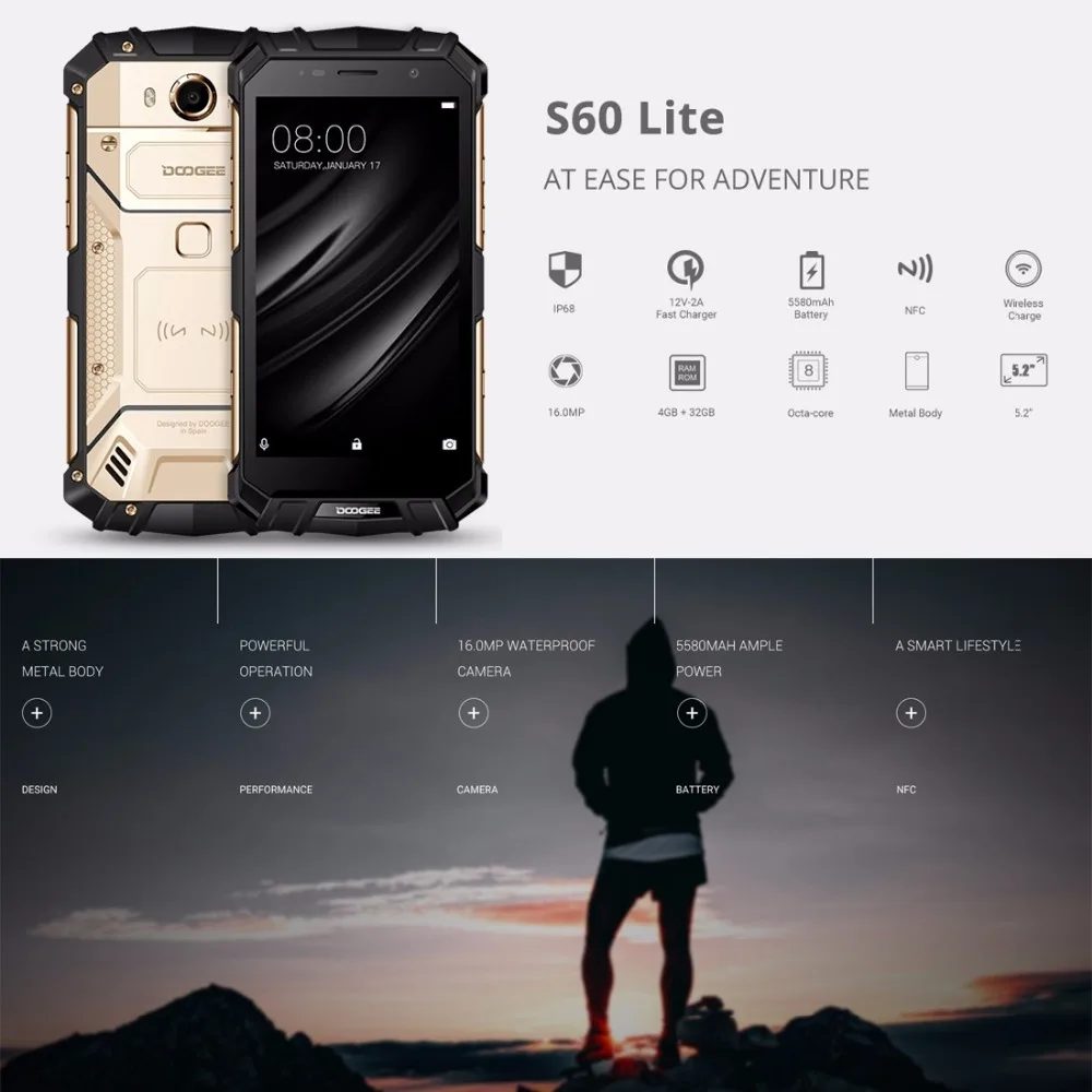 DOOGEE S60 lite мобильный телефон IP68 Водонепроницаемый 5," FHD 4 Гб+ 32 ГБ MT6750T Восьмиядерный 16 МП отпечаток пальца 5580 мАч Android 7,0 смартфон