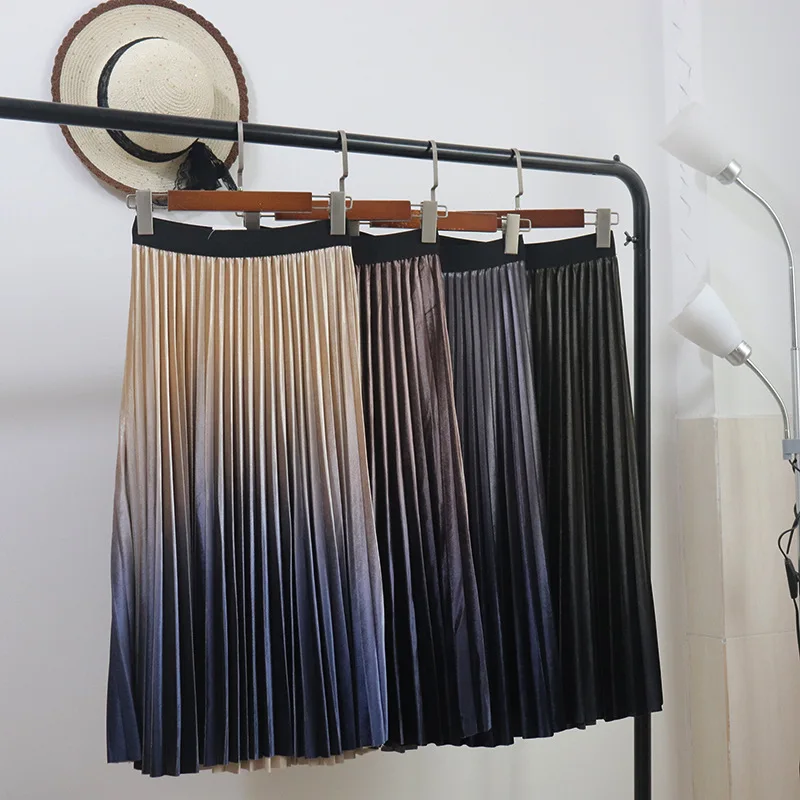 

Mooirue 2019 Women Velvet Pleated Skirts Autumn Gradient High Waist Elastic Korean Style Streetwear Vintage Women Long Skirts