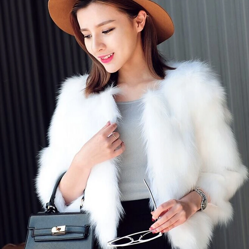 

Women Straight Fur Faux Short Coat Black White Imitation Overcoat Rabbit Style Jacket Covered Button 3/4 Sleeve Slim Outwear