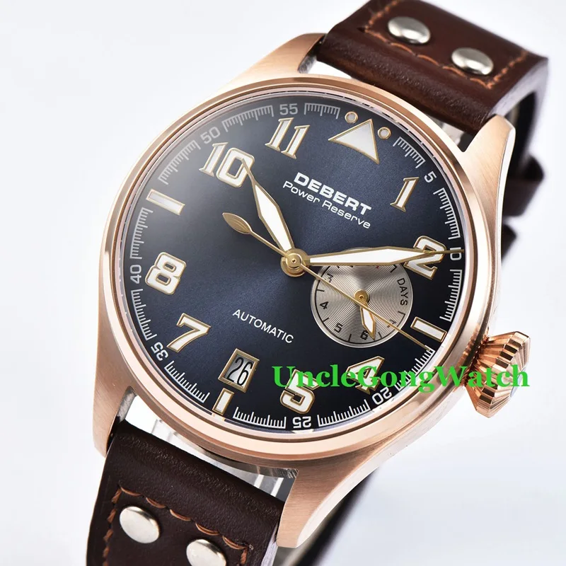 42mm DEBERT Blue Dial Power Reserve Sapphire Brown Rivets Leather Strap Rosegold Case Mens Automatic Watches 42mm DEBERT Blue Dial Power Reserve Sapphire Brown Rivets Leather Strap Rosegold Case Mens Automatic Watches