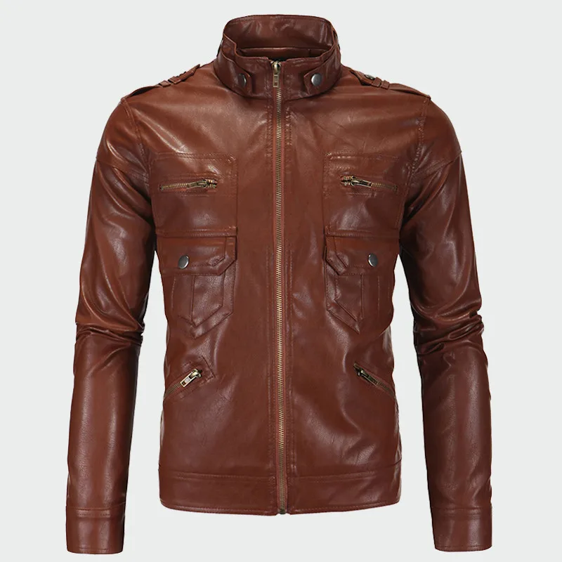 Мужские кожаные куртки, Ретро стиль, искусственная кожа, Осень-зима, тонкие пальто, модные, со стоячим воротником, мужские байкерские, мотоциклетная верхняя одежда, M-4XL ML021 - Цвет: Brown