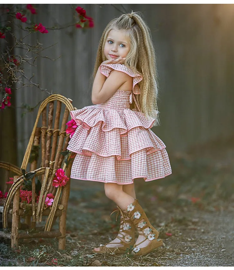 

Baby Girls Dress 2018 New Style Plaid Pink Backless Dress Clothes Children Flare Sleeve Tiered Cake Dress Kids Tutu dress
