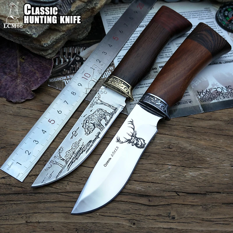 Online Cuchillo de caza LCM66 retro táctico pequeños cuchillos fijos, cabeza de cobre + mango de madera sólida cuchillo de supervivencia, cuchillo portátil de rescate de Camping