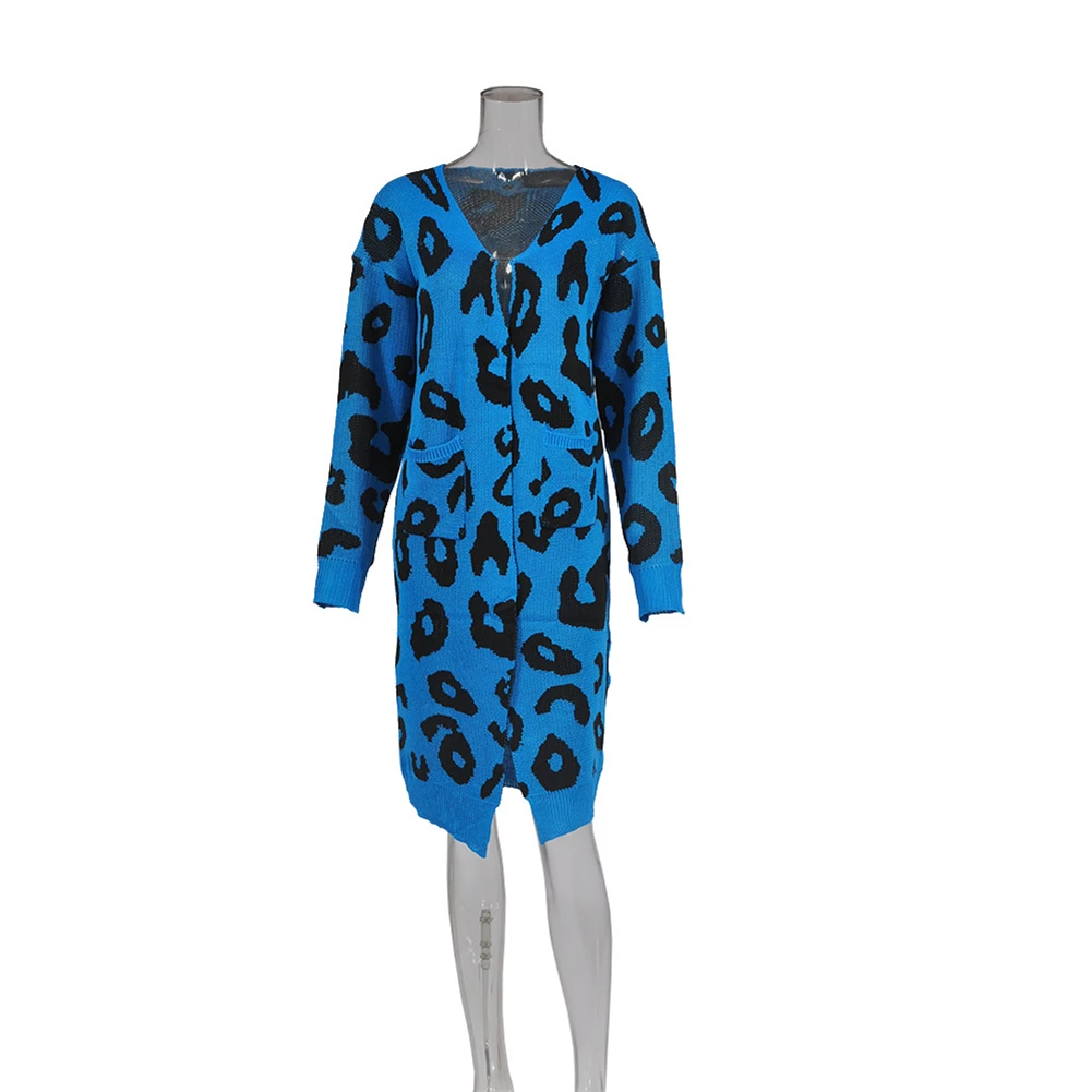 Женский кардиган, осенне-зимнее пальто, популярный длинный свитер с леопардовой раскраской, 6 цветов, свободная вязаная одежда для женщин, повседневный женский зимний свитер