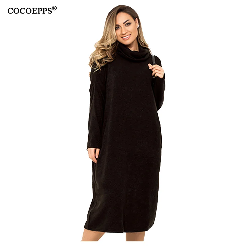 

5xl 6xl Turtleneck warm winter dress big size loose straight casual women dress large size elegant solid color plus size dress