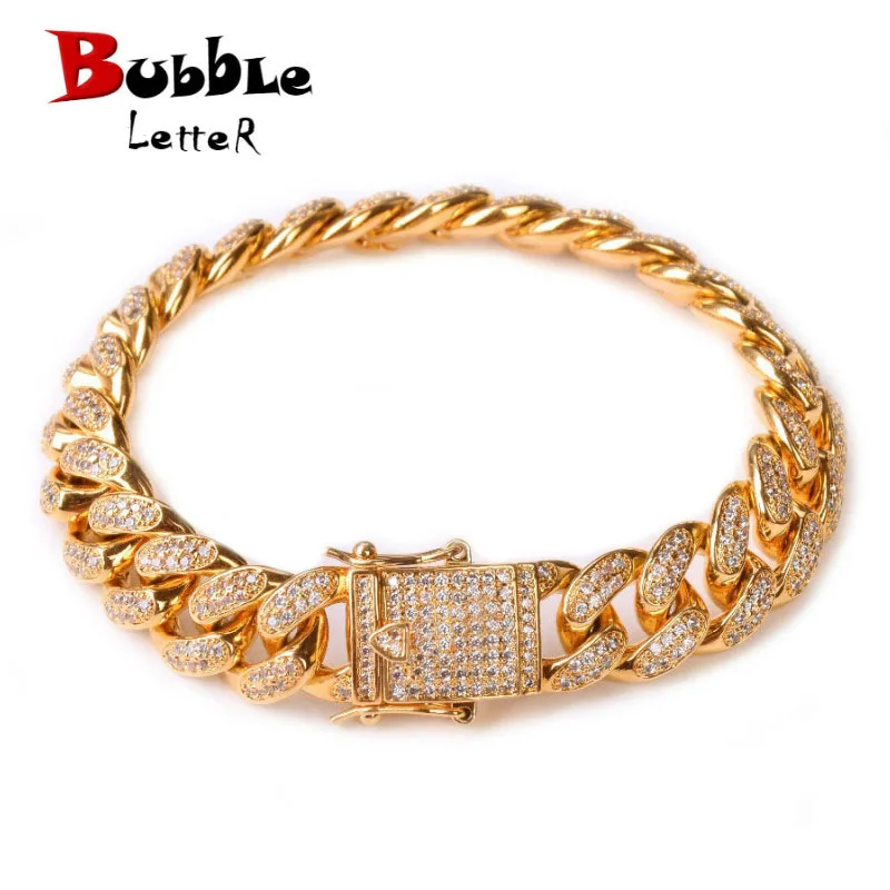 Bubble Letter Miami Cuban Link Bracelet for Men Real Gold Plated Hip Hop Jewelry